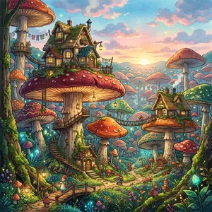 A forest of giant mushrooms with houses built on top of them, rendered in a whimsical Studio Ghibli-inspired art style with vibrant colors and fantastical details. - Google Nano Banana 2