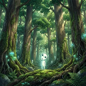 A forest spirit standing among tall trees. Replicate the artistic style of 'Princess Mononoke' by Studio Ghibli, with Miyazaki's detailed environments and mystical creature design. - Google Nano Banana 2