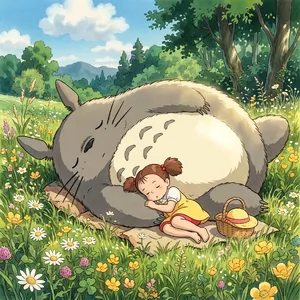 A girl and a giant fluffy creature napping in a wildflower meadow. Reproduce the art style of 'My Neighbor Totoro' by Studio Ghibli, with Miyazaki's soft character designs. - Google Nano Banana 2