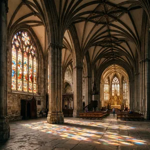 A Gothic cathedral interior at sunset with light streaming through detailed stained glass windows, creating colored patterns on stone floors and columns. Show accurate ribbed vaulting. - Google Nano Banana 2