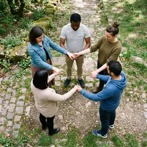 A group of five people joining hands in a circle, seen from above. - Google Nano Banana 2