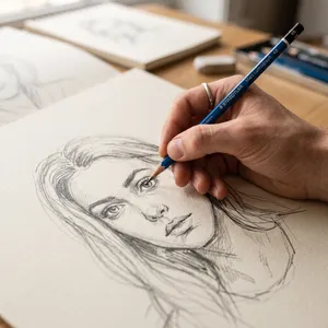 A hand drawing a sketch on paper with a pencil, the hand and pencil tip in clear focus. - Google Nano Banana 2