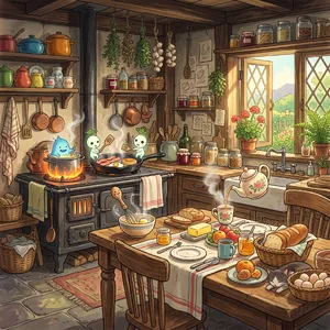 A kitchen with magical cooking implements preparing breakfast. Duplicate the artistic style of Studio Ghibli's domestic scenes, with Miyazaki's detailed settings and warm lighting. - Google Nano Banana 2
