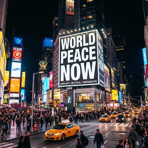 A large storefront billboard at Times Square displaying the slogan “WORLD PEACE NOW” in bold, clear letters, amidst a vibrant cityscape at night. - Google Nano Banana 2