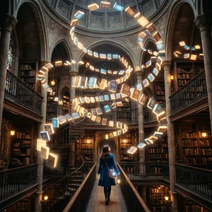 A library where the books are glowing and floating in mid-air, illustrated in a magical realism style with dramatic lighting and rich atmospheric colors. - Google Nano Banana 2