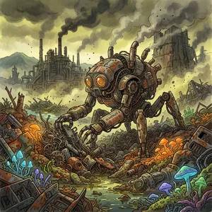 A mechanical creature in a polluted landscape. Capture the visual aesthetic of 'Nausicaä' by Studio Ghibli, with Miyazaki's mechanical designs and environmental contrast. - Google Nano Banana 2