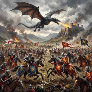 A medieval battlefield with knights on horseback and a dragon flying overhead. - Google Nano Banana 2