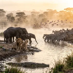 A misty dawn at an African savanna watering hole where elephants, lions, and zebras coexist in tense harmony, with a crocodile partially submerged in the foreground and flamingos taking flight in the background, golden hour lighting. - Google Nano Banana 2