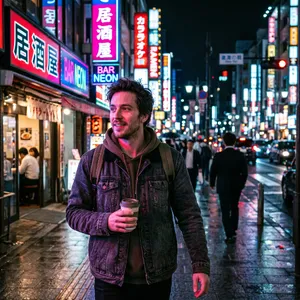 A nighttime portrait of a man lit by neon signs on a city street. - Google Nano Banana 2