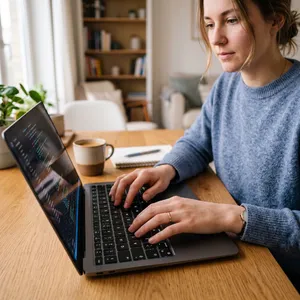 A person typing on a laptop keyboard, showing both hands on the keys. - Google Nano Banana 2
