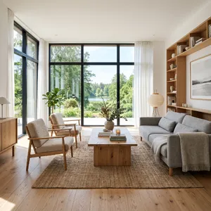 A photorealistic interior of a modern Scandinavian-style living room with natural light streaming through floor-to-ceiling windows. Show detailed wood textures, fabric materials, and proper light reflections. - Google Nano Banana 2