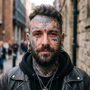 A portrait of a person with elaborate facial tattoos and piercings, shown in sharp detail. - Google Nano Banana 2