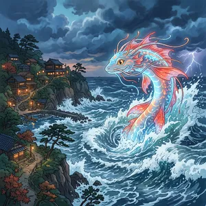 A sea creature rising from a stormy ocean near a village. Replicate the visual style of 'Ponyo' by Studio Ghibli, with Miyazaki's fluid water animations and vibrant creatures. - Google Nano Banana 2