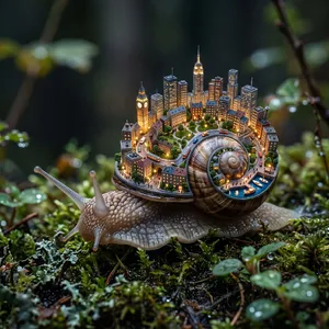 A snail whose shell contains a miniature city skyline, depicted in a hyperrealistic macro photography style with intricate architectural details and ambient lighting. - Google Nano Banana 2