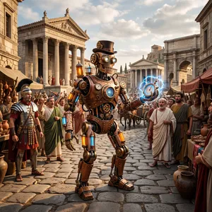 A steampunk robot time-traveling in ancient Rome, depicted in a detailed cinematic style that blends historical accuracy with copper and brass retrofuturistic aesthetics. - Google Nano Banana 2