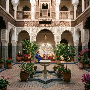 A traditional Moroccan riad courtyard with detailed zellige tilework, flowing fountain, citrus trees, and ornate woodwork. Morning light casting intricate shadow patterns. - Google Nano Banana 2