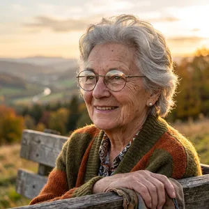 A ultra high-resolution portrait of an elderly woman with silver hair and bifocal glasses, each lens reflecting a distant landscape, captured in warm late-afternoon sunlight - Google Nano Banana 2