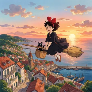 A young witch flying on a broomstick above a coastal town at sunset. Exact art style of 'Kiki's Delivery Service' by Studio Ghibli, with Miyazaki's character design and warm colors. - Google Nano Banana 2