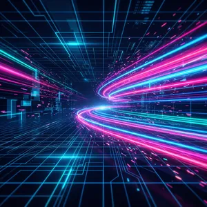 Abstract background graphic, cyberpunk aesthetic, neon pink/blue light trails on dark grid, sense of digital speed, for desktop wallpaper. - Google Nano Banana 2