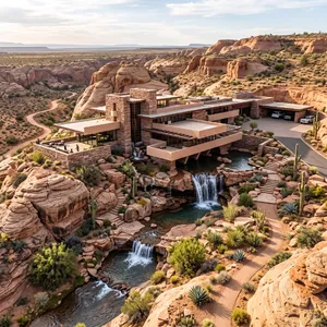 Aerial view of a modernist desert home, in the style of Frank Lloyd Wright's Fallingwater but adapted to desert conditions. Show integration with rocky landscape and water features. - Google Nano Banana 2