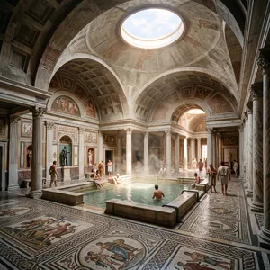 An ancient Roman bathhouse interior with accurate architectural details - marble columns, mosaic floors, arched ceilings, and steam rising from pools. Natural light from oculus openings. - Google Nano Banana 2