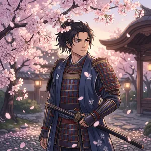 An anime-style portrait of a samurai standing under pink cherry blossoms. - Google Nano Banana 2