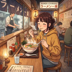 An anime scene of a character eating ramen at a small shop counter (slice-of-life style). - Google Nano Banana 2