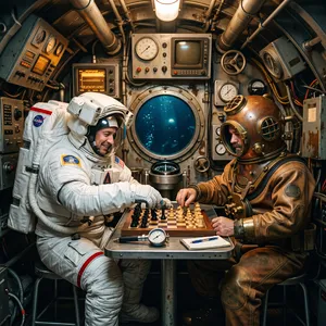 An astronaut and a deep-sea diver playing chess together inside a submarine. - Google Nano Banana 2
