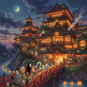 An enchanted bathhouse with glowing lanterns and spirits. Recreate the visual style of 'Spirited Away' by Studio Ghibli, with Miyazaki's ornate architecture and magical atmosphere. - Google Nano Banana 2