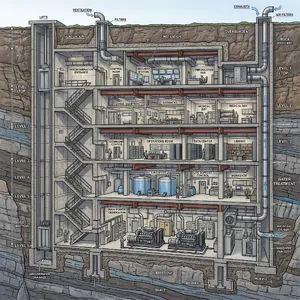 Cross-section rendering of a multi-level underground bunker with different functional areas, structural support systems, ventilation, and power generation facilities visible. - Google Nano Banana 2