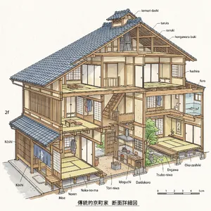 Cutaway architectural drawing of a traditional Japanese machiya townhouse showing all rooms and structural elements. Include accurate proportions, traditional joinery, and typical spatial organization. - Google Nano Banana 2