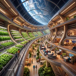 Interior of a futuristic space habitat with hydroponics gardens, communal areas, and living quarters. Show curved walls, artificial gravity considerations, and multipurpose furniture designs. - Google Nano Banana 2