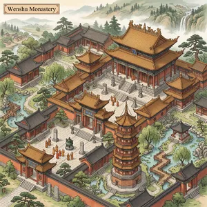 Isometric architectural illustration of an ancient Chinese temple complex showing multiple pavilions, gardens, and ceremonial spaces. Include proper roof structures and traditional ornamentation. - Google Nano Banana 2
