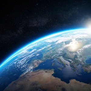 Photorealistic aerial photograph clearly showing the edge of the Earth from space, capturing realistic curvature, atmosphere, and sunlight reflections - Google Nano Banana 2