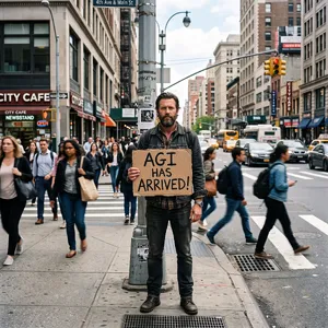 Photorealistic daytime street photograph, clearly showing a man standing still on a busy urban street corner holding a rectangular cardboard sign clearly facing camera, handwritten bold black marker text clearly readable as 