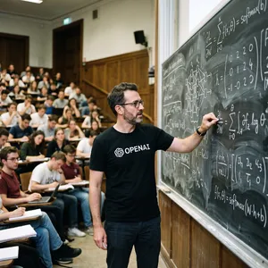 Photorealistic depiction of a man wearing a clearly visible black OpenAI-branded T-shirt. He is standing at the front of a university lecture hall, writing complex mathematics and AI-related equations across a large, dusty chalkboard filled with notation - Google Nano Banana 2