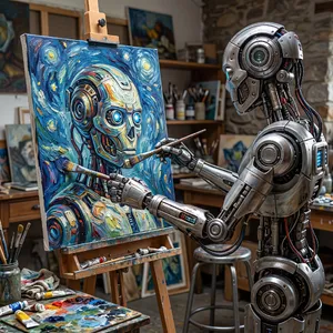Photorealistic image of a robot painting a realistic self-portrait (i.e. the robot) on canvas, mimicking Van Gogh’s art style; clear, realistic metallic textures and painting details visible - Google Nano Banana 2