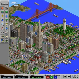 Pixel art cityscape of San Francisco in the iconic SimCity 2000 style, isometric view, detailed skyscrapers, residential areas, clearly identifiable Golden Gate Bridge, Coit Tower, Transamerica Pyramid, surrounded by the classic SimCity 2000 UI elements - Google Nano Banana 2