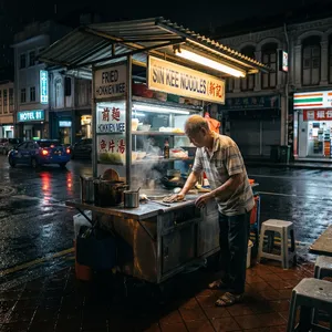 Rain-slicked Singapore street, 3 AM. A lone elderly hawker cleans his cart under one flickering fluorescent light. Steam rises gently. Low-angle shot, photorealistic - Google Nano Banana 2