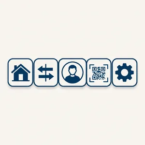 Set of 5 consistent flat design icons for a mobile banking app: 'Home', 'Transfer', 'Account', 'Scan QR', 'Settings'. Monochrome dark blue. - Google Nano Banana 2