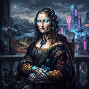 The Mona Lisa reimagined as a futuristic android, rendered in a digital art style that preserves Da Vinci's composition while incorporating sleek cyberpunk aesthetics and technological elements. - Google Nano Banana 2