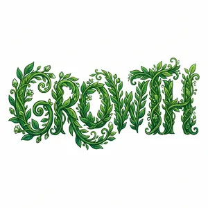 The word 'GROWTH' visualized using stylized plant vines organically forming the letters, green tones, white background, graphic design. - Google Nano Banana 2