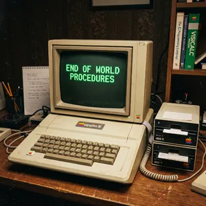 Vintage Apple II computer with green monochrome CRT screen, displaying 'END OF WORLD PROCEDURES' in green text. Two external floppy drives stacked on the right, labeled disk II with rainbow Apple logos. Beige casing, black background, retro aesthetic. - Google Nano Banana 2
