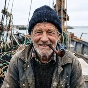 A 4K photo of an old fisherman with a weathered face and a pipe, grinning. - Google Nano Banana 2.1