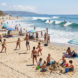 A beach scene: adults playing volleyball, kids building sandcastles, and surfers riding waves. - Google Nano Banana 2.1