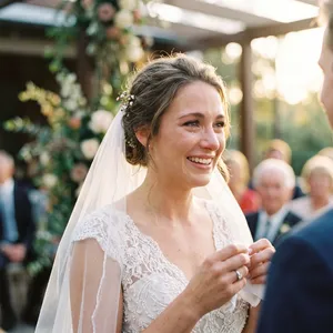 A bride on her wedding day, smiling with tears of joy in her eyes. - Google Nano Banana 2.1