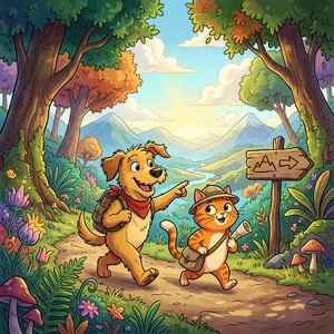 A cartoon of a cat and a dog on an adventure, drawn in a colorful 2D style. - Google Nano Banana 2.1