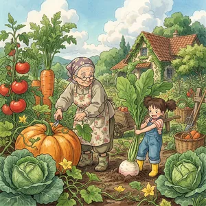 A child and elder tending oversized vegetables in a garden. Reproduce the artistic style of Studio Ghibli, with their distinctive character proportions and detailed plant illustrations. - Google Nano Banana 2.1