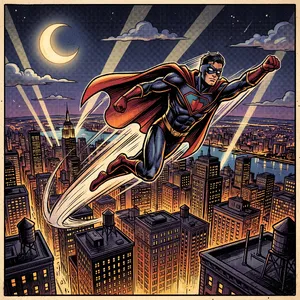 A comic-book style superhero flying over a city at night, with halftone shading. - Google Nano Banana 2.1