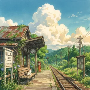 A countryside train station with a cat waiting on a bench. Rendered in Studio Ghibli animation style with Miyazaki's watercolor backgrounds and hand-drawn quality. - Google Nano Banana 2.1